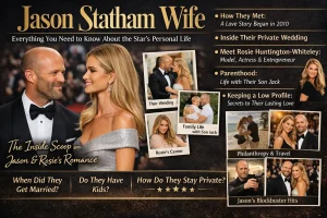 Jason Statham and Rosie Huntington-Whiteley on a glamorous magazine-style cover highlighting their relationship, wedding, and family life.